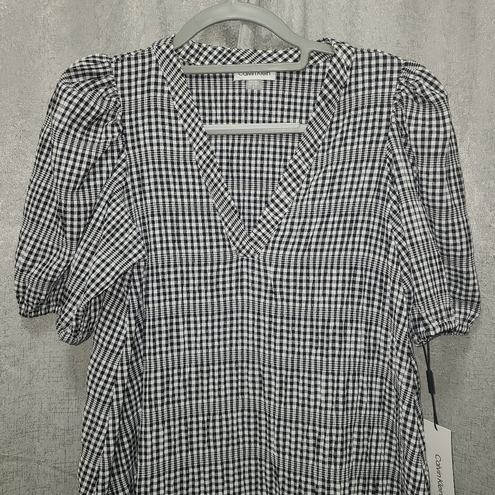 Calvin Klein Gingham Print Gauze Dress with‎ Puff sleeves NEW Size 2 - Picture 15 of 16